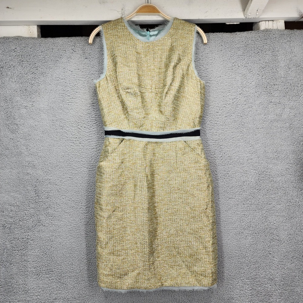 Milly of New York Gold Metallic Tweed Sleeveless Sheath Dress Size 8 Pocket